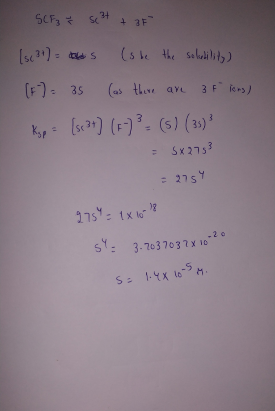 SCF3ř sc 3+ + 3F [sc 3+] = abs (s be the solubility) (F) = 35 (as there are 3 Fions) Ksp = [scat] (+-) 3 = (5) (35)3 = SX 275