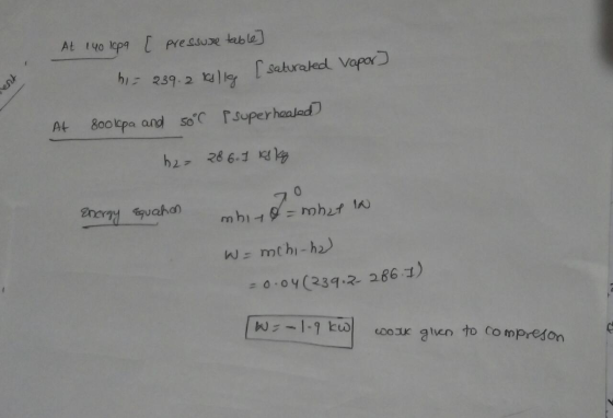 At 140 lcpa [ pressure table] hi= 239.2 Koll [ saturated Vapor At 800 kcpa and 50°C psuper heated h2= 286. 1 kg kg 70 Energy