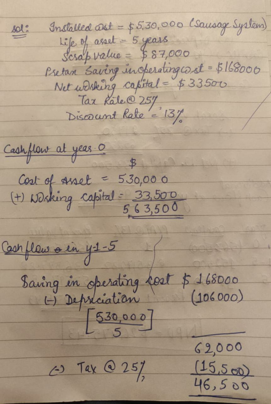 sel: Installed alat = $5,30,000 (sausage System) Life of asset - 5 years Scsas value = $ 87,000 Pretar Saving inoperating co