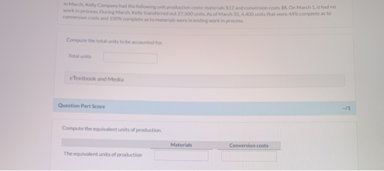 In March, Kelly Company had the following unit production costs materials $12 and conversion costs $8. On March 1, it had no