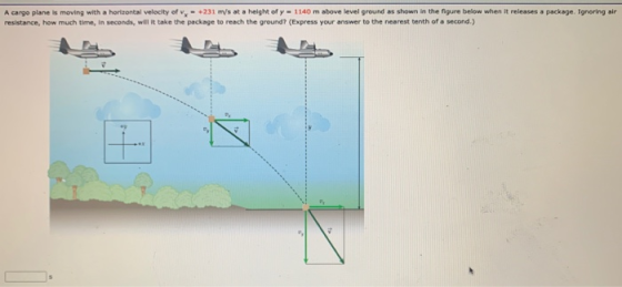 A cargo plane is moving with a horizontal velocity of vy- +231 m/s at a height of y = 1140 m above level ground as shown in t