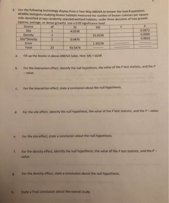 2. Use the following technology display from a Two-Way ANOVA to answer the next 8 questions Wildlife biologists studying beav