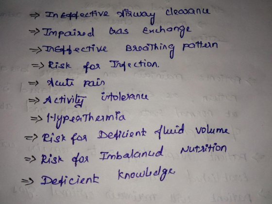 In Edfective airway clearance Impaired Gas Exchange Instfective Breathing pattern - Risk for Infection. > Acute pain → Activi