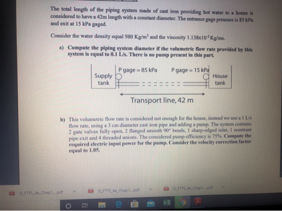 The total length of the piping system made of cast iron providing hot water to a house is considered to have a 42m length wit