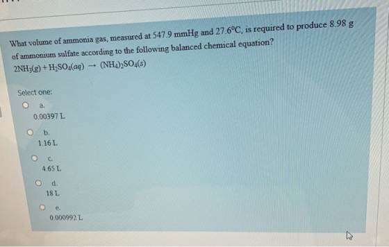What volume of ammonia gas, measured at 547.9 mmHg and 27.6°C, is required to produce 8.98 g of ammonium sulfate according to