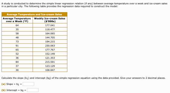A study is conducted to determine the simple linear regression relation (if any) between average temperature over a week and
