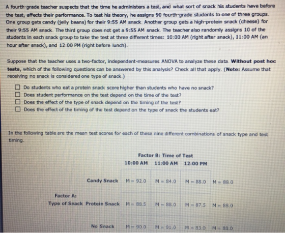 A fourth-grade teacher suspects that the time he administers a test, and what sort of snack his students have before the test