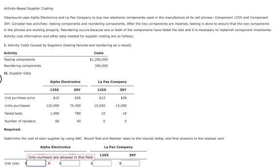 Activity-Based Supplier Costing Clearsound uses Alpha Electronics and La Paz Company to buy two electronic components used in