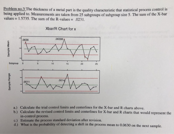 Problem no.3 The thickness of a metal part is the quality characteristic that statistical process control is being applied to. Measurements are taken from 25 subgroups of subgroup size 5. The sum of the X-bar values 1.5735. The sum of the R-values .0231. Xbar/R Chart for x 0636 06396 Subgroup 10 15 20 25 001 0011 a.) Calculate the trial control limits and centerlines for the X-bar and R charts above b.) Calculate the revised control limits and centerlines for X-bar and R charts that would represent the in-control process c.) Estimate the process standard deviation after revision. d.) What is the probability of detecting a shift in the process mean to 0.0630 on the next sample.