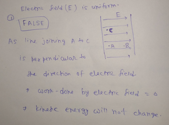 field (E) is uniform. Electric oc FALSE AS line joining A to c o A B is berpendicular to the direction of electre field & wor