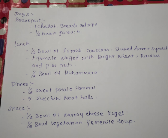 Day 3: Bocarfat I chalah. Breacls and Dip baba ganoush lunch and pike Nuut Bowl 어 μuhann mara Dines -万Zucchini Meat balls Sna