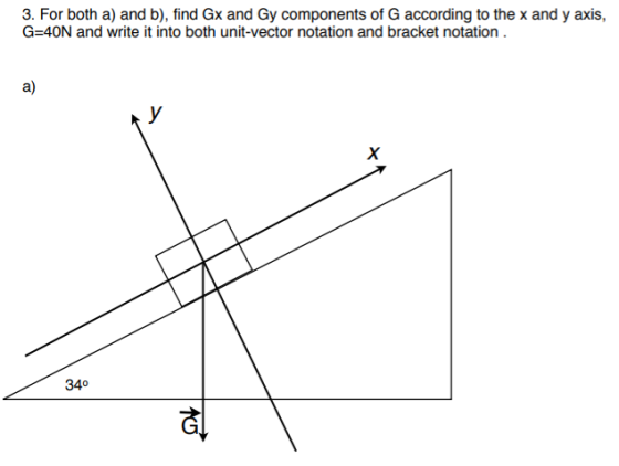 3. For both a) and b), find Gx and Gy components of G according to the x and y axis, G-40N and write it into both unit-vector notation and bracket notation a) 340 (A