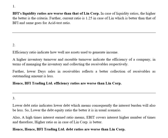 BFIs liquidity ratios are worse than that of Lin Corp. In case of liquidity ratios, the higher the better is the criteria. F