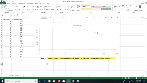 Book1 Excel (Product Activation Failed) HOME INSERT PAGE LAYOLT FORMULAS DATA REVIEW EW Cop or Format Painter Hill 4e47 F Merge & Center . s-% , conditional tormatas Neutral B 1 u .凼. 2. . Check Cell Insert Delete Format Sort Hind B rmatting Tahlr Edtng 1 Return Pr Returns Cnmplrted 932 932 910 70 Scatter Plot 75 52 811 857 847 800 12 13 14 90 802 731 100 100 90 19 19 /92 831 9.34 Parta Observe that there is expontial decrease in the pattern of the scatter plot therefore we use loglinear regression 24 23 29 Sheell | Sheet2 ョ1 +101% - O Type here to search 1055 AM 1/25/2019