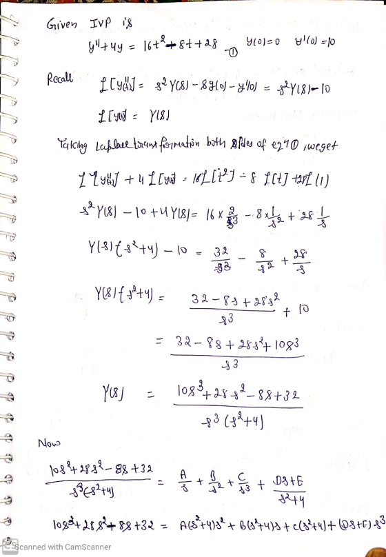 8xl +385 2. 8 + 13 t DSTE Given IVP is y+uy 16+²+8++28 4601-0 y lo) - 10 Recall I [44] - gol y08) - 84101 - 40) g2Y18=10 L[