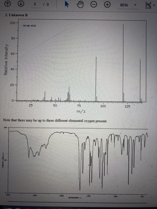 2 /3 65% 2. Unknown B 100 MS-Nu-0323 80 60 40 20- 0 ptoinittm 25 50 75 100 125 m/z to three different elemental oxygen presen