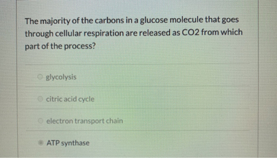 The majority of the carbons in a glucose molecule that goes through cellular respiration are released as CO2 from which part
