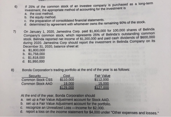 if 25% of the common stock of an investee company is purchased as a long-term investment, the appropriate method of accountin