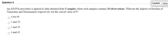 Question 6 1 points Save An ANOVA procedure is applied to data obtained from 5 samples where each samples contains 10 observa