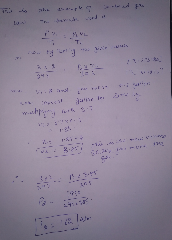 combined qas This is the example of combined gas Thu eru Law used is . The formula V2 PV P_V2 T2 en ve Now 3 x 2 - 293 » Now