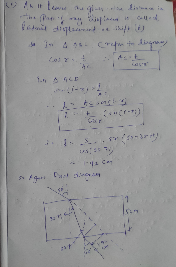 the 9 As it leaves the glass, the distance in Path of ray displaced to called lasenal dreplacement on shift (e a In A ABC (re