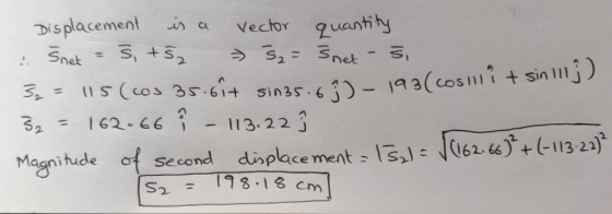 DisplacementVecor uanth y net 2. netS 93(Cosll nnj 3, = 162-66 i -113, 223 Magnitude of second diaplace ment - IS,)(6.+113 2n