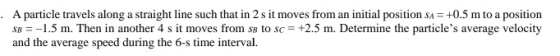 . A particle travels along a straight line such that in 2 sit moves from an initial position sA = +0.5 m to a position $B=-1.