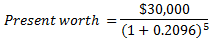 Present worth = $30,000 (1 + 0.2096)
