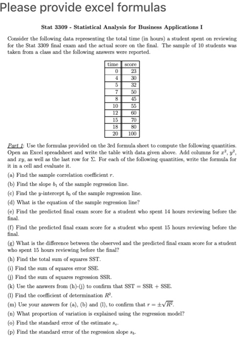 Please provide excel formulas Stat 3309 - Statistical Analysis for Business Applications I Consider the following data repres