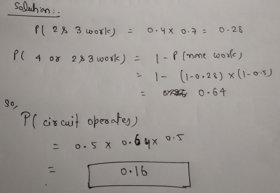 solution: P1 28 3 work) 0.4 X 0.75 0.28 PC 4.00 23 3 work) = 1-P (none woole, 1- (1-0.28) x(1-0.5) Obato 0-64 so, Pl circuit