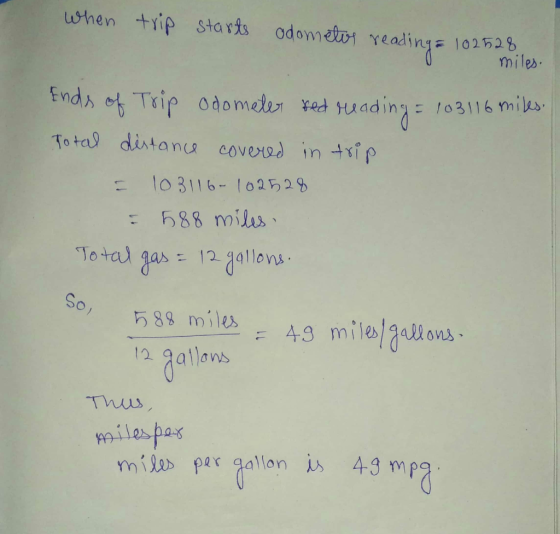 when trip starts odometos reading = 102528 miles. Ends of Trip Odometer red reading = 103116 miles. Total distance covered in