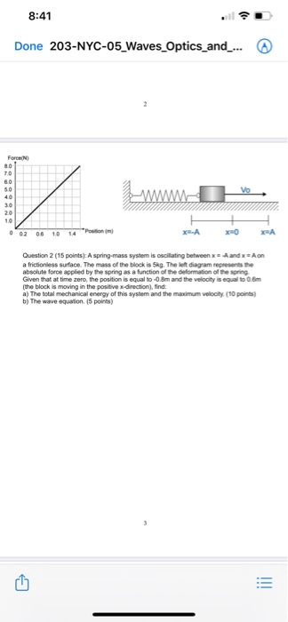 8:41 Done 203-NYC-05_Waves_Optics_and_... Force 80 70 50 40 30 WW 10 002 06 1014 Potom XEA XA Question 2 (15 points): A sprin