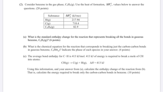 (2). Consider benzene in the gas phase, CaH&(g). Use the heat of formation, AH, values below to answer the questions. (20 poi