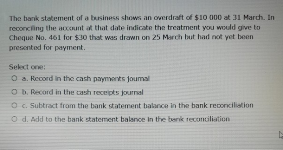 The bank statement of a business shows an overdraft of $10 000 at 31 March. In reconciling the account at that date indicate