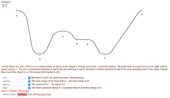 Problem 3 + 0 + A bead slides on a wire, which is in a vertical plane, as shown in the diagram. Gravity acts in the -y direct