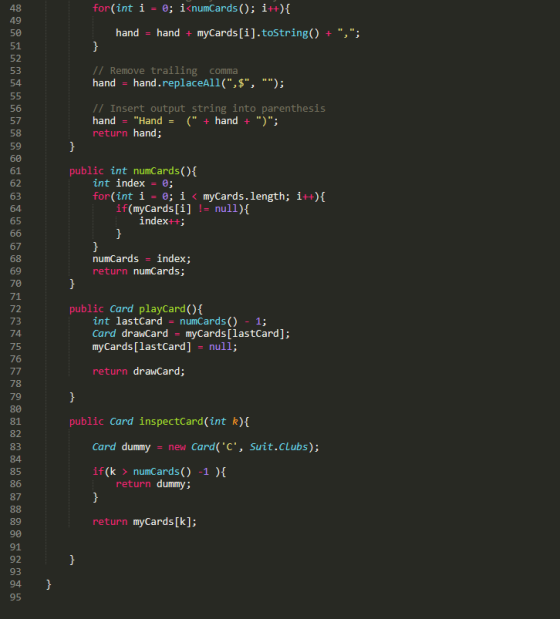 for(int i = 0; i<numCards(); i++){ hand = hand + myCards[i].toString() + ,; // Remove trailing comma hand = hand.replaceAll