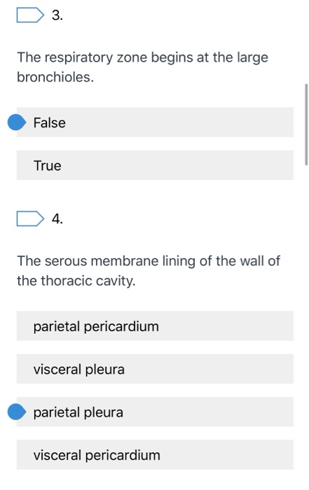 D 3. The respiratory zone begins at the large bronchioles. False True D 4. The serous membrane lining of the wall of the thor