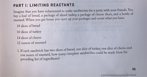 PART I: LIMITING REACTANTS Imagine that you have volunteered to make sandwiches for a party with your friends. You buy a loaf