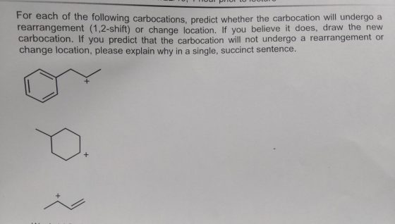TU PUI O Cour For each of the following carbocations, predict whether the care carbocations, predict whether the carbocation