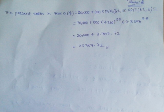 Page: 2 me present and th in year o ($) - 20,000 +600 X PIA(6), 10) XP/F (61.,3) = 20,000 + 600 X 7.3607** X 0.8396** - 20,00