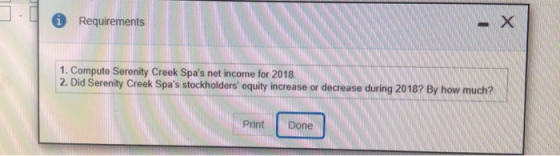 i Requirements 1. Compute Serenity Creek Spas net income for 2018. 2. Did Serenity Creek Spas stockholders equity increase
