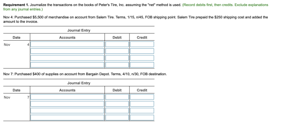 Requirement 1. Journalize the transactions on the books of Peters Tire, Inc. assuming the net method is used. (Record debi