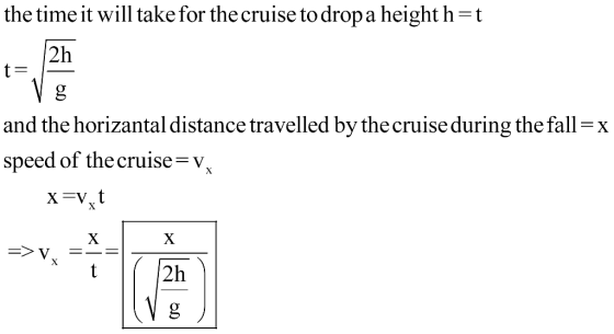 the time it will take for the cruise to drop a height h-t 2h and the horizantal distance traveled by the cruise during the fall speed of the cruise-v 2h