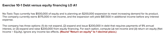 Exercise 10-1 Debt versus equity financing LO A1 No-Toxic-Toys currently has $500,000 of equity and is planning an $200,000 e