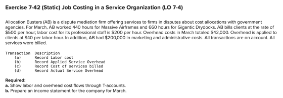 Exercise 7-42 (Static) Job Costing in a Service Organization (LO 7-4) Allocation Busters (AB) is a dispute mediation firm off