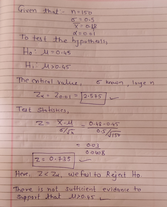 Given that n-150 C-O.5 X-O.18 To test the hpothals Ho -O45 The mhcal Value known large n Z&Zo.01 2.5+5 Test Statishcs O.48-0.