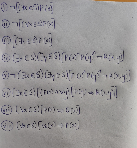 -(x eS)P (] (ves)Pc] (3x eS)P (3+ e s)Gy €S)[Pc PGRC.y) (3XES)(3yES)[P GPG¬RCxy] (3KES)(P0)Avy)[Pc)=RG.y)] (es) [PG)Q) 1) T