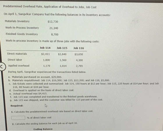Predetermined Overhead Rate, Application of Overhead to Jobs, Job Cost On April 1, Sangvikar Company had the following balanc