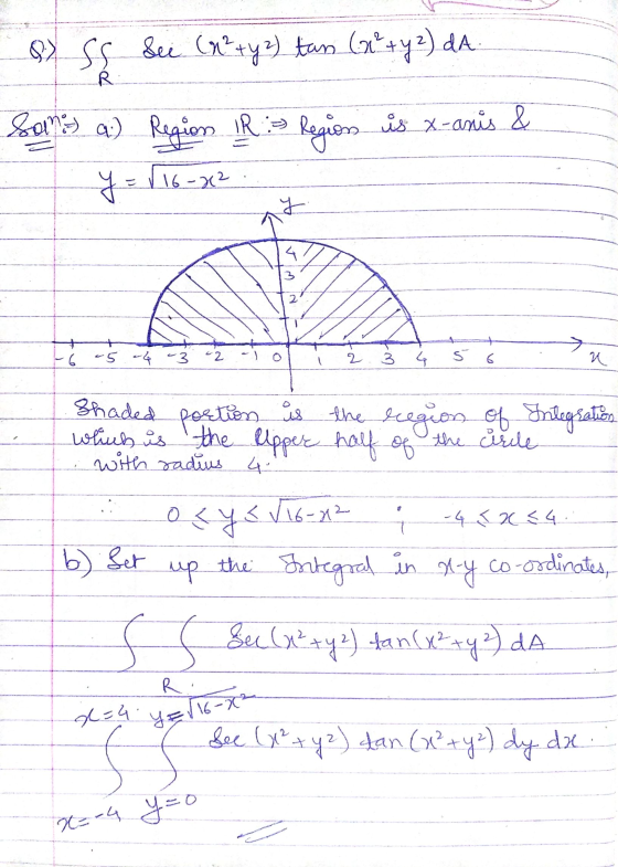 R y d=9 YE116-1² 8 SS See (x² + y 2) tan (x² + y 2) dA. Sams) a) Region IR : Region is x-anis & y = (16-x2 6 -5 -4 -3 Shaded