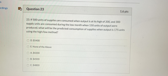 rdings Question 23 1.6 pts 23. If 500 units of supplies are consumed when output is at its high of 200, and 300 supply units